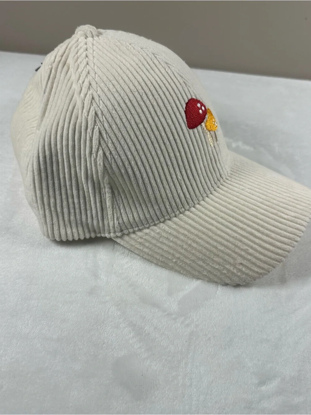 Cream Corduroy Baseball Cap with Embroidered Red & Mustard Mushrooms